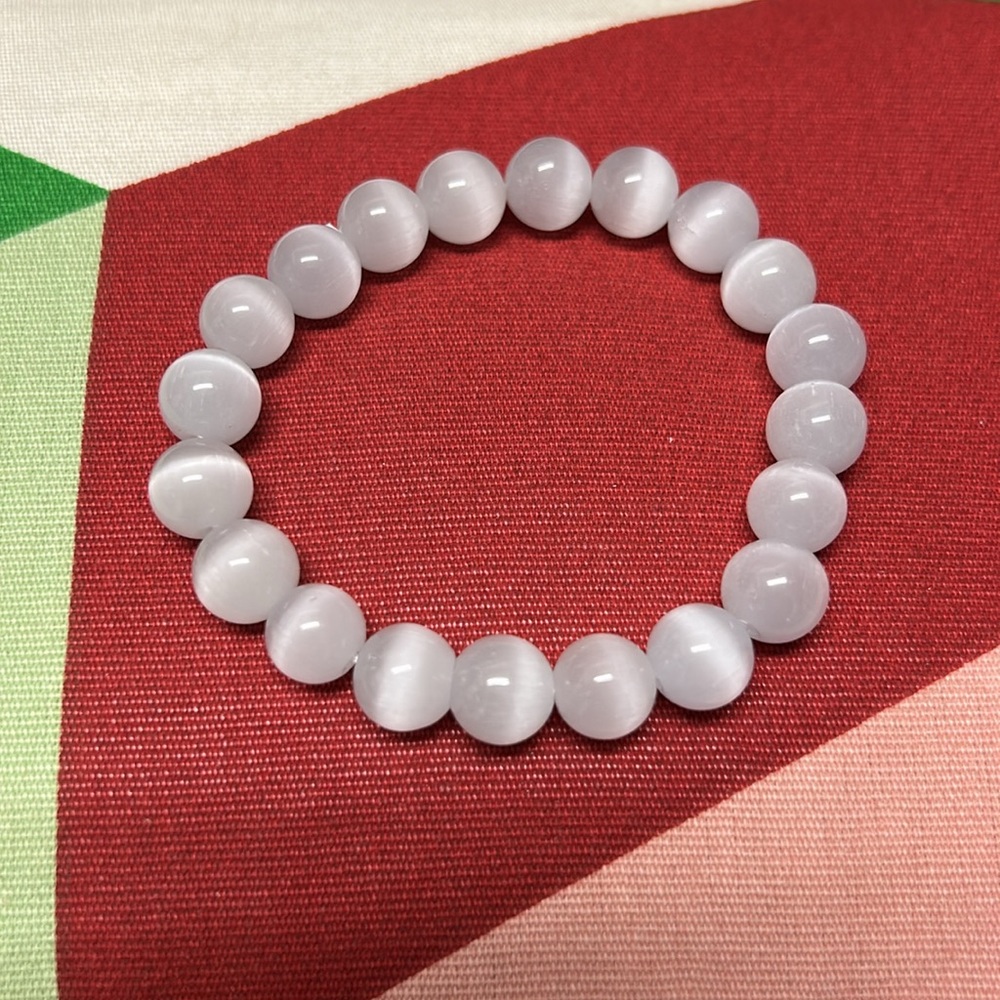 White Cat Eye Natural Stone 10mm Beads Stretchable Bracelet 7" - Best Gift